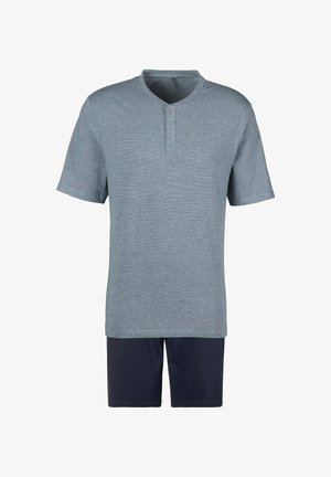 Men's loungewear set featuring a light blue striped short-sleeve shirt with a henley neck and navy shorts. Cotton blend material.