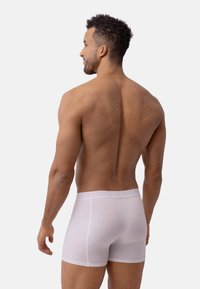 Pantaloni boxer bianchi in cotone con una texture morbida, caratterizzati da un design semplice e una vita con logo impresso. Mostrati su una figura maschile vista da dietro.