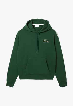 Sudadera verde hecha de mezcla de algodón, con bolsillo tipo canguro, capucha con cordón y un logo de cocodrilo bordado en el pecho.