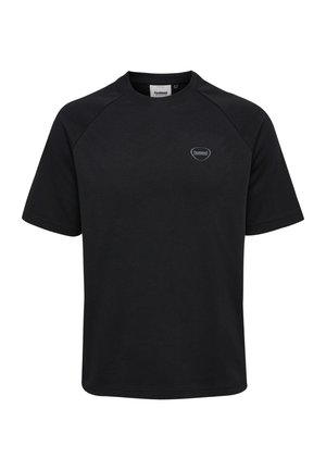 Zwarte T-shirt met korte mouwen van een katoenmix, met een ronde halslijn en een klein logo op de borst. Soepele textuur en reguliere pasvorm.