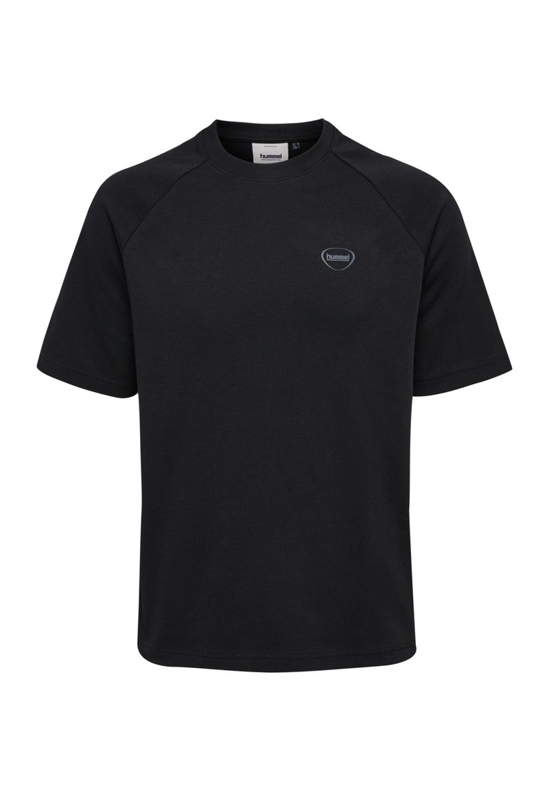 Sort kortærmet t-shirt lavet af bomuldsblanding, med en rund halsudskæring og et lille logo på brystet. Glat tekstur og almindelig pasform.