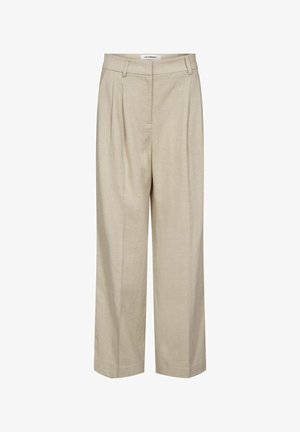 Beżowe spodnie z szerokimi nogawkami i wysokim stanem, wyposażone w szlufki na pasek i przednie zakładki, uszyte dla swobodnego, a jednocześnie eleganckiego wyglądu.