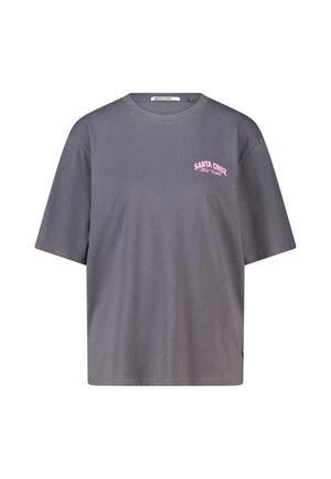 Grijs T-shirt met korte mouwen met roze "Santa Cruz West Coast" tekst op de linkerborst en een ronde hals.