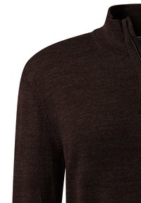 Maglione a maglia lungo marrone scuro con zip a quarto e colletto alto, mostrato dalla parte superiore del torso fino all'area delle spalle.
