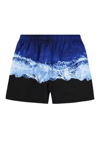 Fekete úszónadrág, kék óceáni hullámmintával a tetején, elasztikus derékpánttal és hátsó zsebbel.