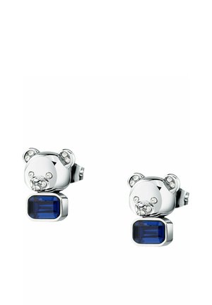 Silver bear-shaped stud earrings with small clear stones and rectangular dark blue stones as the bear's body.