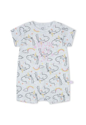 Pijama bebé gris claro con caras de unicornios de dibujos animados con sombreros de fiesta, arcoíris, nubes, estrellas y texto "WONDERFUL" en rosa.