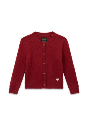 Cardigan rouge en maille duveteuse à manches longues, col rond, fermeture boutonnée devant et petit emblème en forme de cœur sur le côté inférieur.