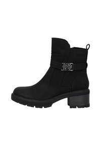 Bottines noires avec un extérieur en suède, un bout rond, un accent décoratif en métal en forme de rose sur la sangle, et un solide talon bloc.