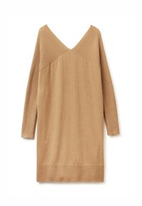 Abito in maglia beige chiaro con scollatura a V, dettagli a costine sulle spalle e sui polsini, e una linea dritta con orlo a costine.