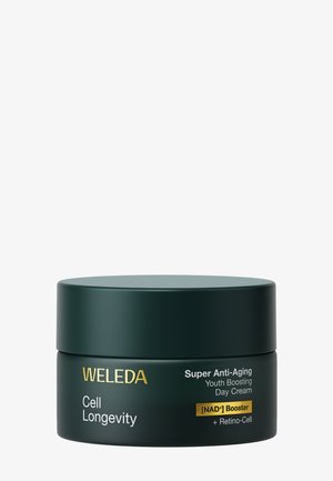 Donkergroene pot Weleda Cell Longevity Super Anti-Aging Youth Boosting Dagcrème met NAD+ Booster en Retino-Cell tekst op het etiket.