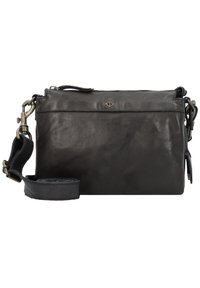Borsa a tracolla in pelle nera con una finitura liscia, cintura regolabile, chiusura con zip e un emblema a forma di ancora sul davanti.