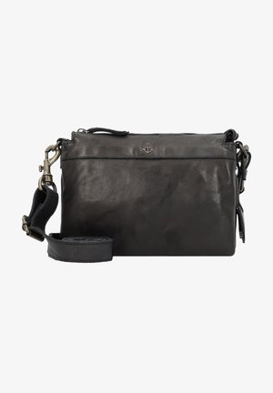 Borsa a tracolla in pelle nera con una finitura liscia, cintura regolabile, chiusura con zip e un emblema a forma di ancora sul davanti.