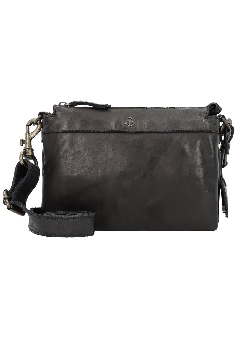 Borsa a tracolla in pelle nera con una finitura liscia, cintura regolabile, chiusura con zip e un emblema a forma di ancora sul davanti.