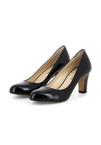 Pumps neri in pelle verniciata con tacco alto, punta arrotondata e tacco a blocco di altezza media. Presentano una finitura liscia e dettagli minimi.