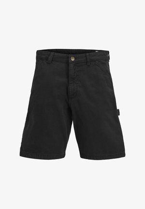 Mustad puuvillased mustad lühikesed püksid, millel on sile tekstuur, eesnupu kinnitusega, vöökohtadega ja küljetaskudega.