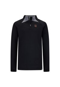 Pullover nero a maniche lunghe con collo con zip, dettagli grigi sulle spalle e un'etichetta arancione del marchio sul petto. Tessuto morbido.