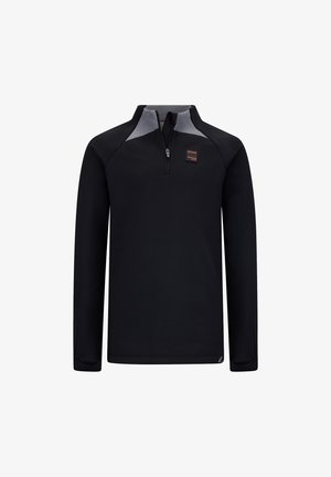 Schwarzer Pullover mit langen Ärmeln und Reißverschluss am Hals, grauen Akzenten an den Schultern und einem orangefarbenen Markenlabel auf der Brust. Weicher Stoff mit angenehmer Haptik.