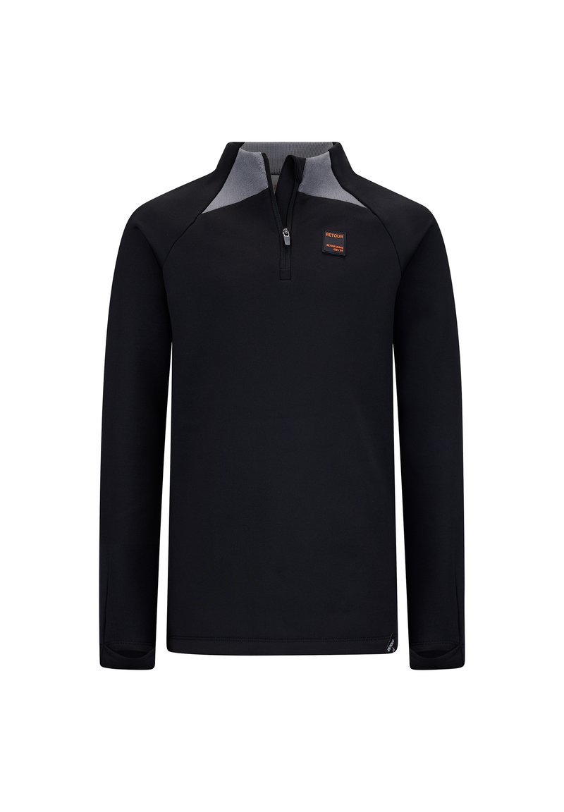 Pullover nero a maniche lunghe con collo con zip, dettagli grigi sulle spalle e un'etichetta arancione del marchio sul petto. Tessuto morbido.