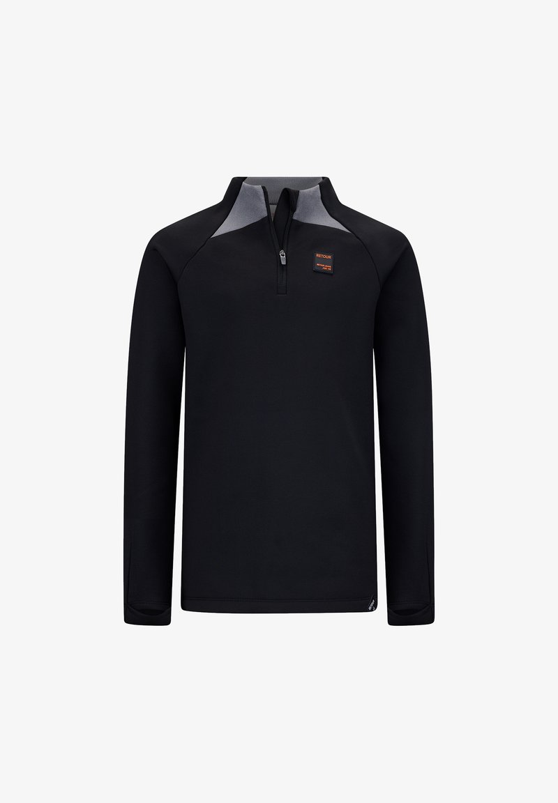 Schwarzer Pullover mit langen Ärmeln und Reißverschluss am Hals, grauen Akzenten an den Schultern und einem orangefarbenen Markenlabel auf der Brust. Weicher Stoff mit angenehmer Haptik.