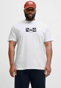 Hvid bomulds T-shirt med et centralt grafisk design i blå og beige. Korte ærmer og en afslappet pasform. Båret med en rød kasket.