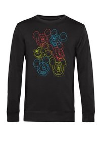 Svart långärmad sweatshirt med en grafik av sex Mickey Mouse-ansikten omgivna av röd, blå och gul. Ribbad mudd och halsringning.
