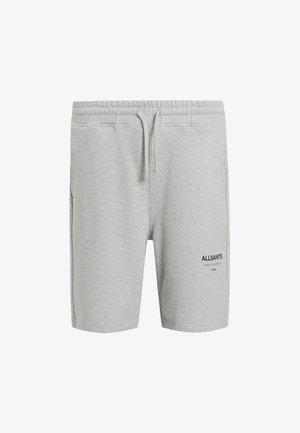 Graue Baumwollshorts mit elastischem Bund und Kordelzug. Mit Seitentaschen und einem schwarzen bedruckten Logo auf der Vorderseite.
