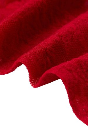 Röd spets tyg med en texturerad, öppen väv. Kanterna är något fransiga, vilket skapar mjuka, flödande konturer och ett intrikat mönster.