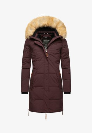 Maronfarvet polstret parka med en aftagelig faux fur hætte, lynlåslommer og ribbede manchetter. Har et dekorativt indvendigt foer.