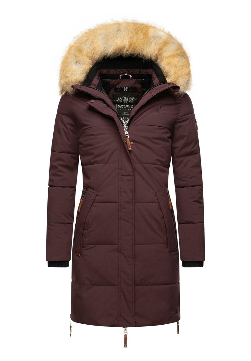 Maroon padded parka with a removable faux fur hood, zippered pockets, and ribbed cuffs. Features a decorative interior lining.