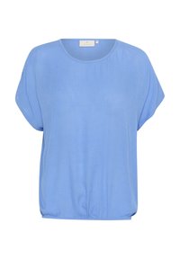 Haut bleu clair à manches courtes, col rond et ourlet froncé. Texture lisse avec une coupe décontractée et une silhouette légèrement oversize.