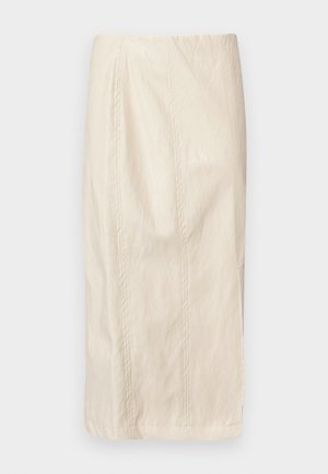 Krēmkrāsas, līdz ceļgaliem garš svārks ar krokotu dizainu, izgatavots no viegla materiāla. Iezīmē vertikālas šuves un gludu, nedaudz teksturētu virsmu.