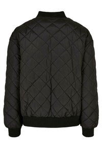 Veste noire matelassée avec couture en forme de losange, poignets et ceinture côtelés, vue de dos sur fond blanc.