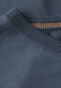 Pull en tricot bleu avec un col côtelé et une rayure contrastante beige le long du col. Texture douce avec une finition lisse.