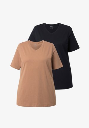 Zwei schlichte V-Neck-T-Shirts, eines beige vorne und eines schwarz dahinter, beide mit kurzen Ärmeln und normaler Passform.