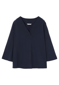 Haut bleu marine en tissu lisse avec un décolleté en V et de larges manches évasées, offrant une coupe décontractée sans motifs ni ornements visibles.