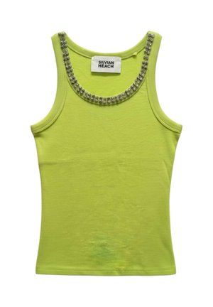 Canotta verde lime senza maniche con scollo rotondo decorato con pietre preziose e etichetta del marchio Silvian Heach cucita all'interno del colletto.