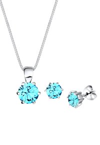 Set di collana e orecchini in argento con cristalli rotondi di un blu chiaro, montati con sei graffe, e un design della catena texturizzato.