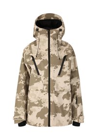 Camouflage waterdichte jas in tinten beige en bruin. Beschikt over een capuchon, een rits aan de voorkant, twee grote borstzakken en elastische manchetten.