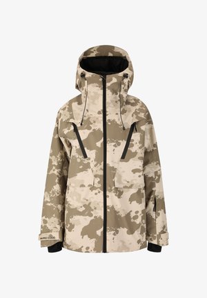 Chaqueta impermeable de camuflaje en tonos de beige y marrón. Cuenta con capucha, cierre con cremallera en la parte frontal, dos grandes bolsillos en el pecho y puños elásticos.