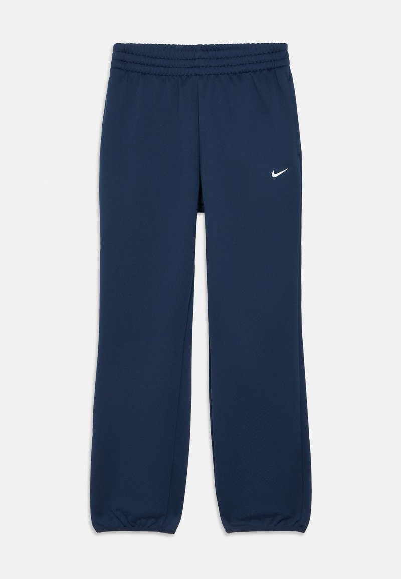 Nike donje hlače tamnoplave boje, izrađene od glatkog materijala. Imaju elastičnu gumicu u struku i mali bijeli logo sprijeda.