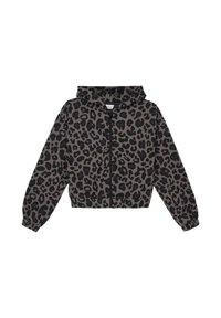 Jasje met rits in luipaardprint en capuchon, met een grijs en zwart kleurenpalet, elastische manchetten en een cropped ontwerp.