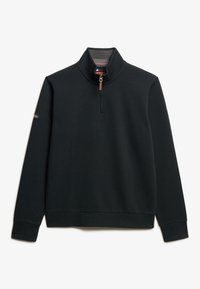 Felpa nera realizzata in tessuto morbido. Presenta un colletto con mezza zip, polsini a costine e una toppa con il marchio sulla manica sinistra.