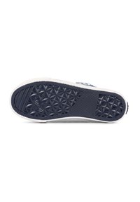 Rubber shoe sole in navy blue with textured grip patterns, smooth sides, and a white edge. Features a central circular logo detail.