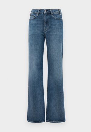 Blå denimbukser med vid benform, med knap- og lynlåslukning samt for- og baglommer, præsenteret på en helt hvid baggrund.
