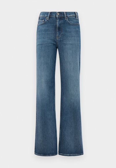 Jeans de ganga azul com corte largo, fecho de botão e zipper, e bolsos frontais e traseiros, exibidos sobre um fundo branco liso.