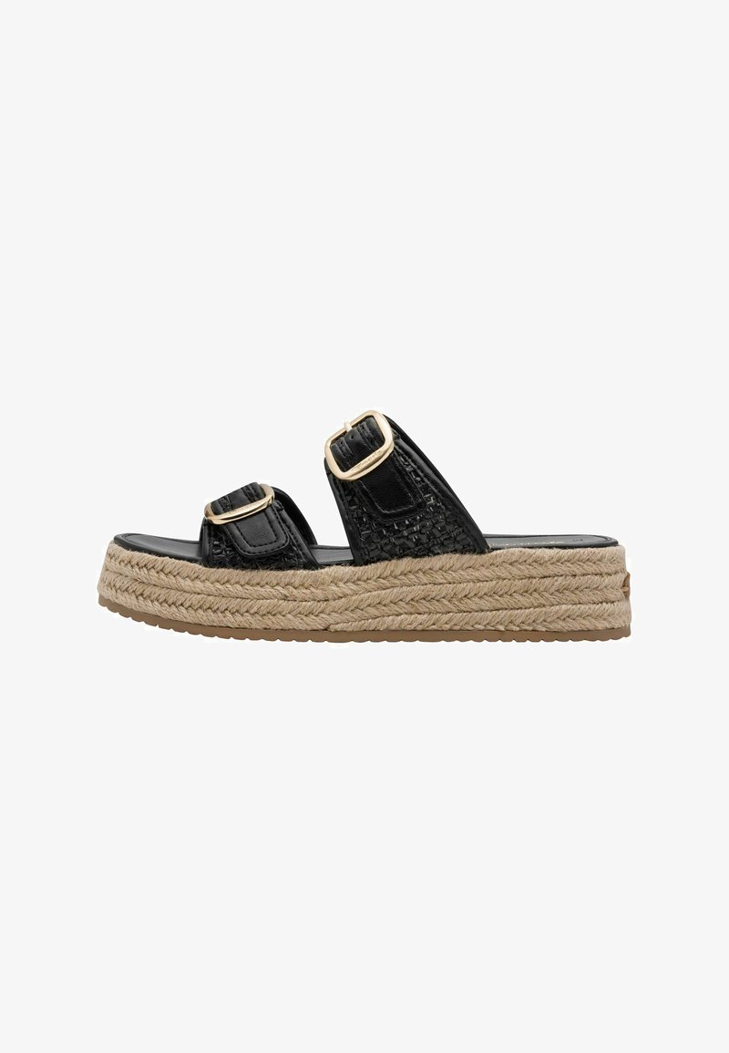Sandales plateformes noires avec texture tissée, doubles brides réglables, boucles dorées et semelle intermédiaire en corde de jute. Semelle intérieure noire lisse et semelle en caoutchouc.