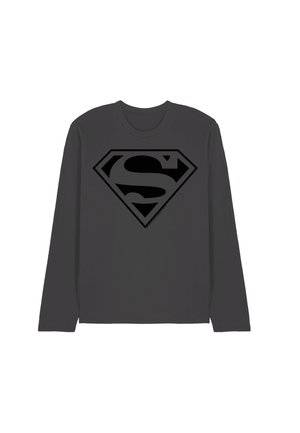 Dunkelgraues Langarmshirt mit schwarzem Superman-Logo auf der Brust, einfarbiger Hintergrund.