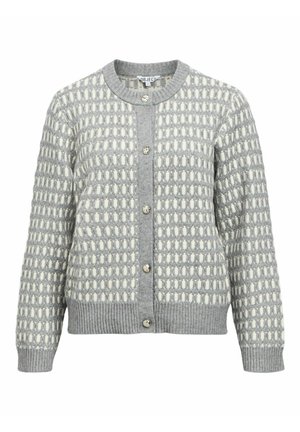 Sivi pletivni kardigan s teksturiranim uzorkom bijelih pravokutnika, okrugli izrez, pet dugmadi i rebrasti završeci na rukavima i donjem dijelu.