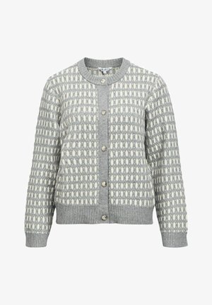Sivi pletivni kardigan s teksturiranim uzorkom bijelih pravokutnika, okrugli izrez, pet dugmadi i rebrasti završeci na rukavima i donjem dijelu.
